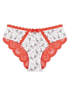 Women's Eiffel Print Lace Trim Bikini Panty - White & Red